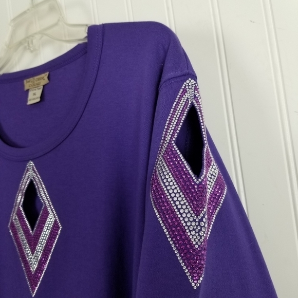Isaac's Designs Casuals 3/4 Cut Out Sleeve Top Stretchy Rhinestone Purple Sz 1XL - Picture 6 of 11